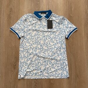 G/FORE Golf Polo Mens Medium White Blue Star Dust Banded Sleeve "Racer" Polo